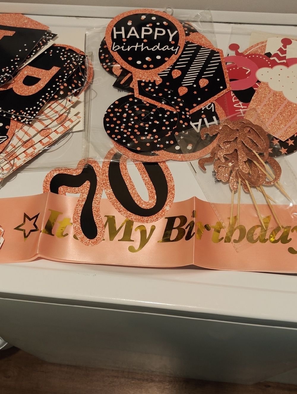 70th Birthday Rose Gold Glitter Party Props Set